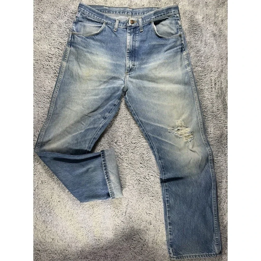VTG Rustler Jeans Men’s 34x32 Blue Denim Distressed Faded‎ Whiskered Grunge Work - Picture 3 of 16